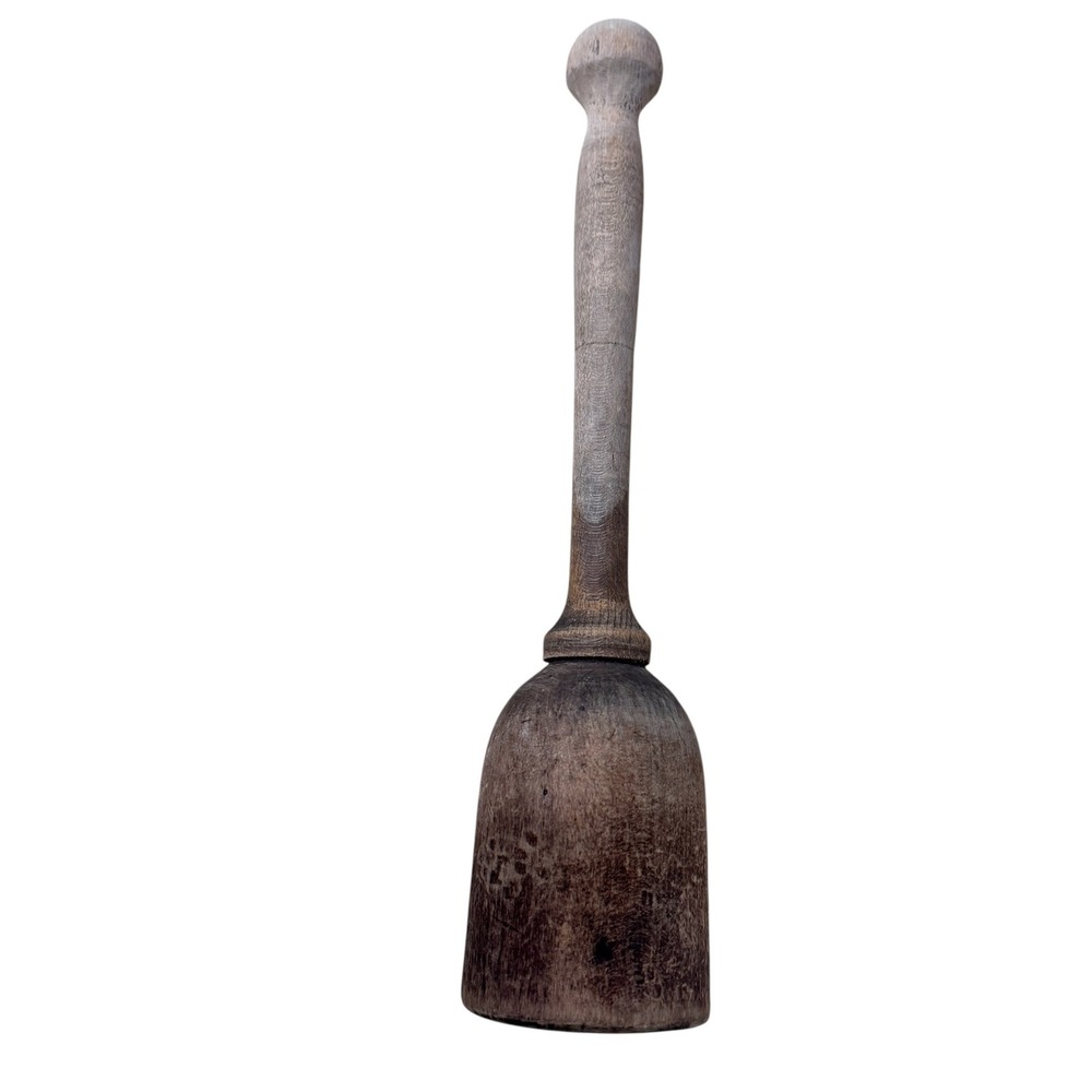 Antique Primitive Hand Turned Wood Masher Pestle Rustic Tool 10.75in Mallet